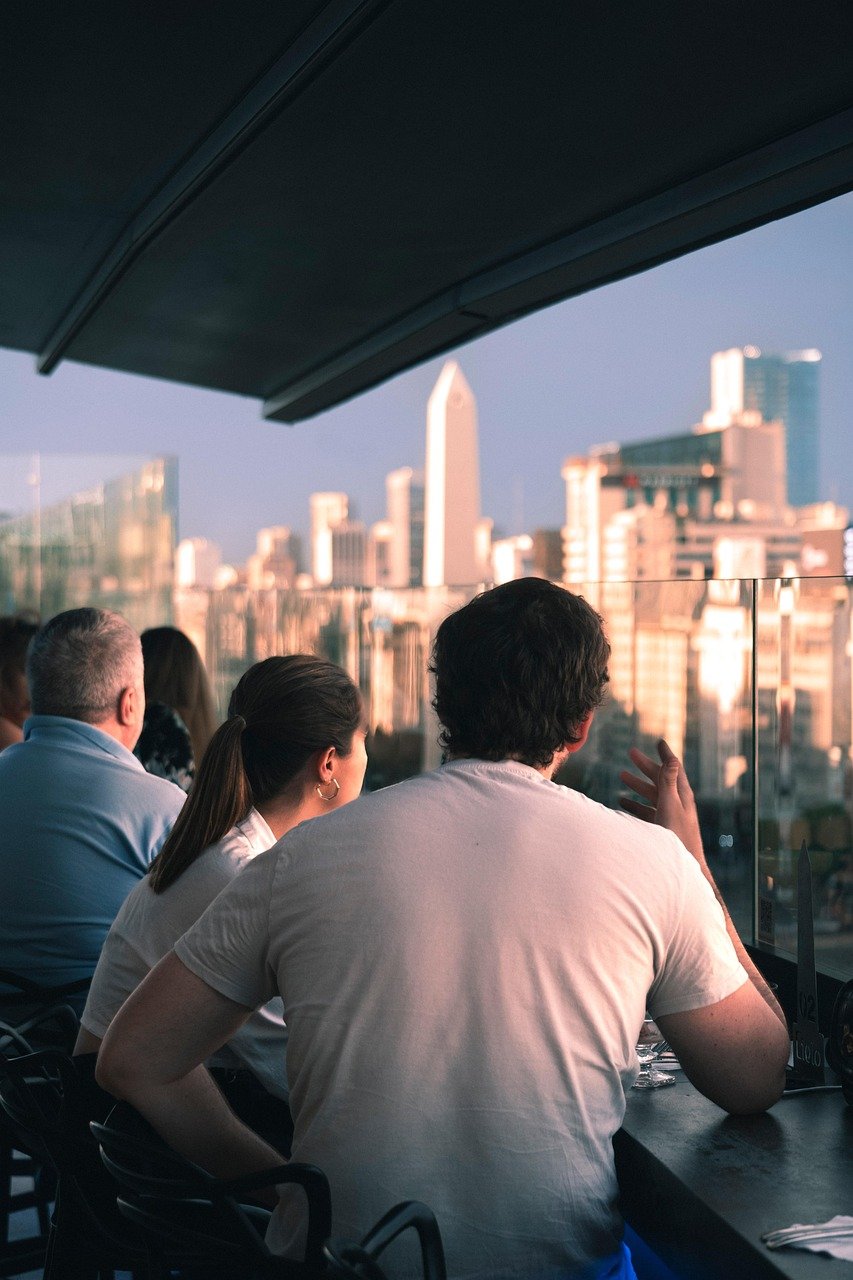 darling, terrace, building, buildings, people, shades, sun, nature, sunset, afternoon